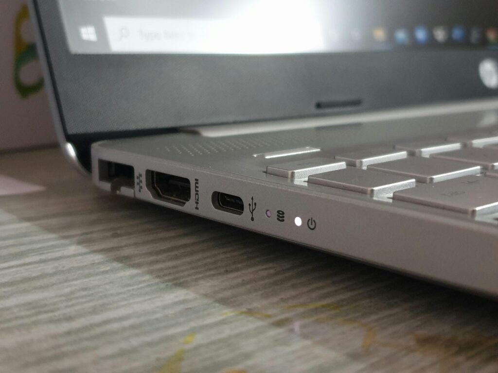 Detailed view of laptop ports, showcasing modern connectivity options.