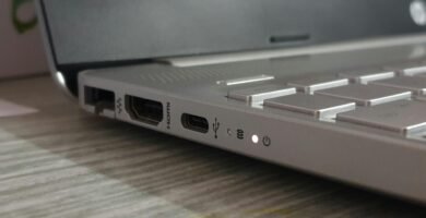Detailed view of laptop ports, showcasing modern connectivity options.