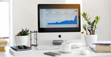 A clean, contemporary workspace featuring a desktop with analytics on the screen and plants for a fresh look.