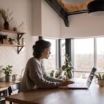 Side view of young female in casual clothes typing message on laptop while sitting at wooden table in kitchen